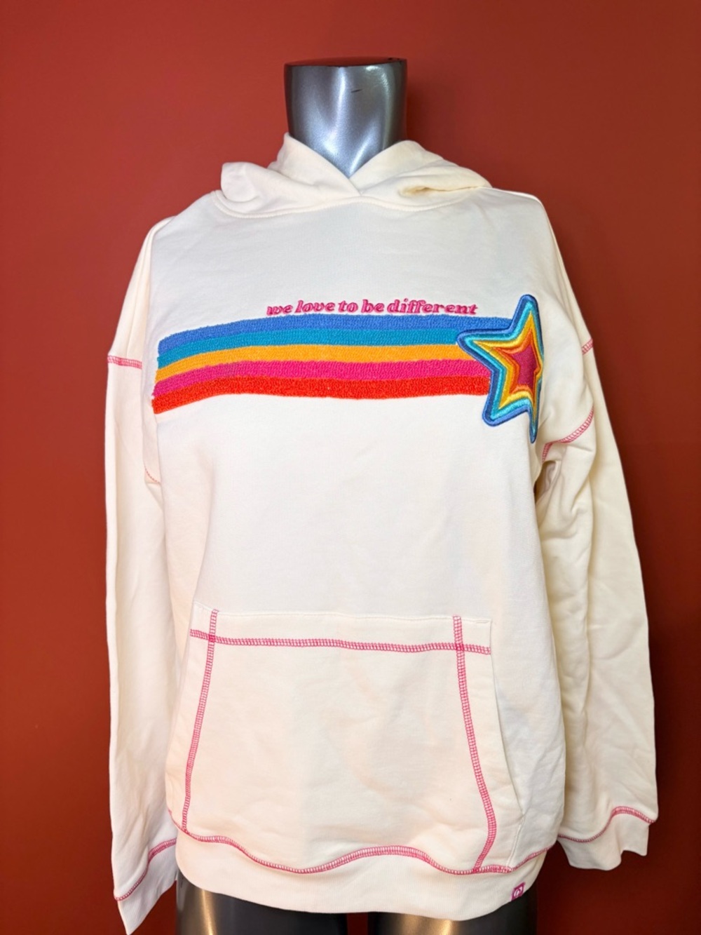 Desigual Cream Hoodie with Multicolor Rainbow Embroidery